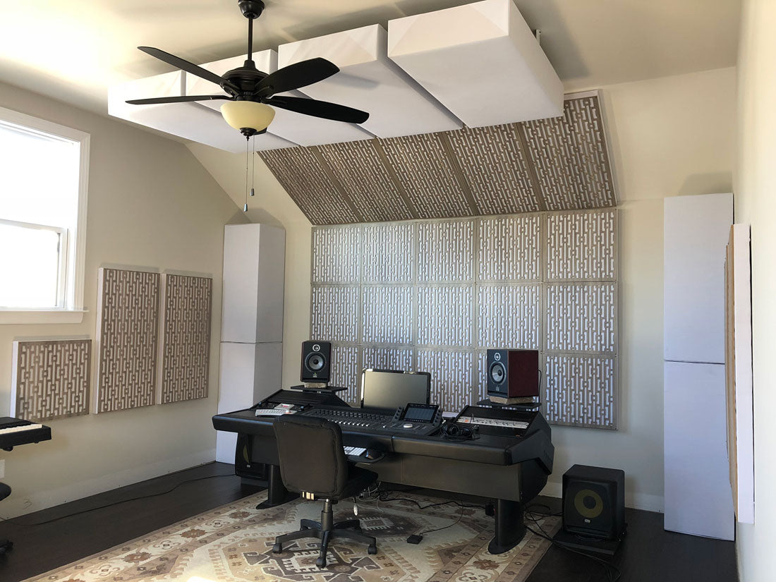 Studio featuring several GIK products such as soffit traps, FlexRange, and Amplitude Panels