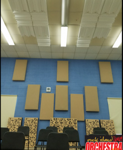 Rock Island Orchestra using GIK Acoustics Monster Bass Traps, Alpha Series Freestanding Bass Traps and GridFusors on the ceiling for diffusion