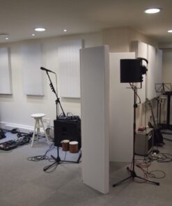 Music studio setup featuring instruments, microphones, and portable acoustic panels for vocal recording and noise reduction.