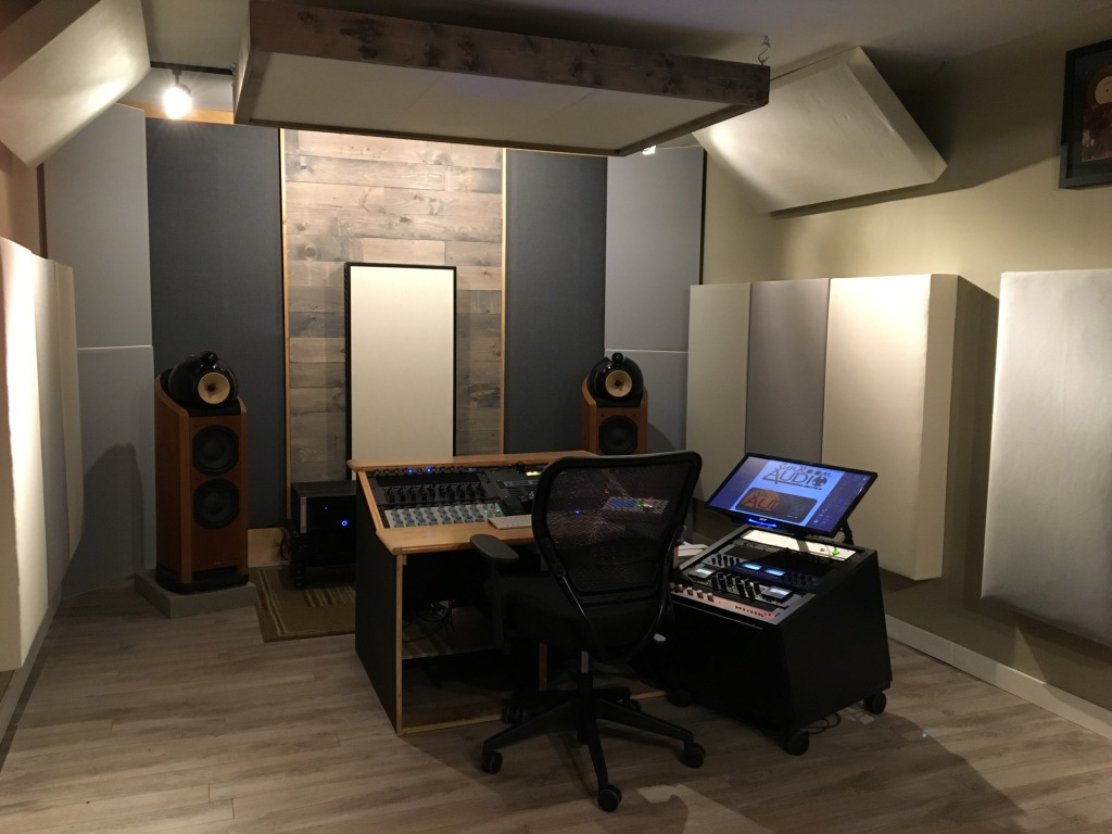 Bass Traps Tri Traps and hanging cloud panels by GIK Acoustics in Sun Room Audio Mastering Studio