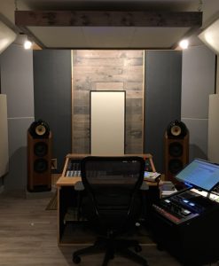 Bass Traps Tri Traps and hanging cloud panels by GIK Acoustics in Sun Room Audio Mastering Studio straight on