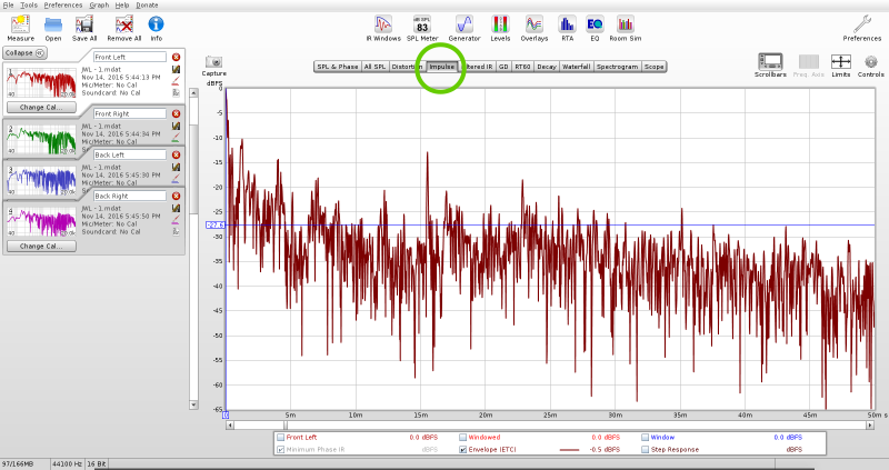 FIG 1: An ETC graph in the Impulse Window of Room EQ Wizard. Note the impulse tab is circled in green, and only the Envelope (ETC) option is checked at the bottom.