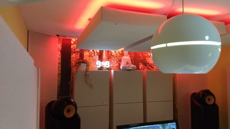 Tuned Membrane Bass Traps by GIK Acoustics in Da Goose Music Studio red lighting