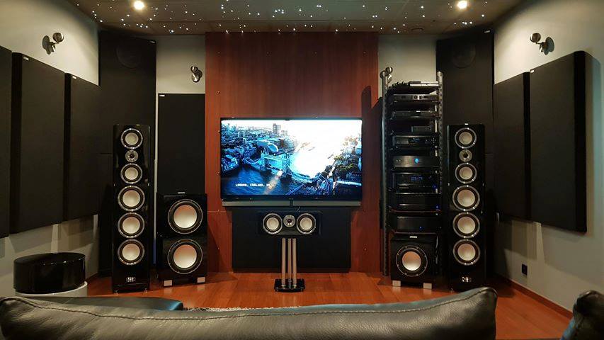 Home theater acoustic treatments with GIK 244 Bass Traps