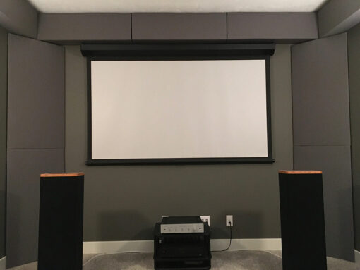 Home theater acoustics with GIK Acoustics soffit bass traps and corner bass traps