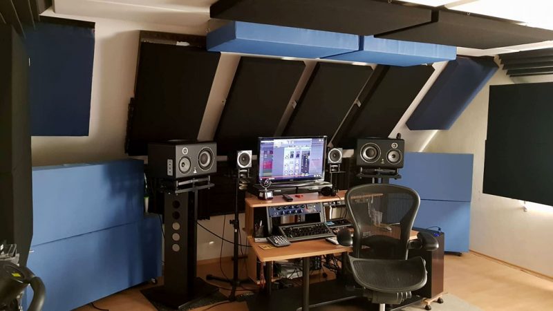 Cristian Paul Sasarman studio GIK Acoustics bass traps and ceiling cloud bass traps monitors