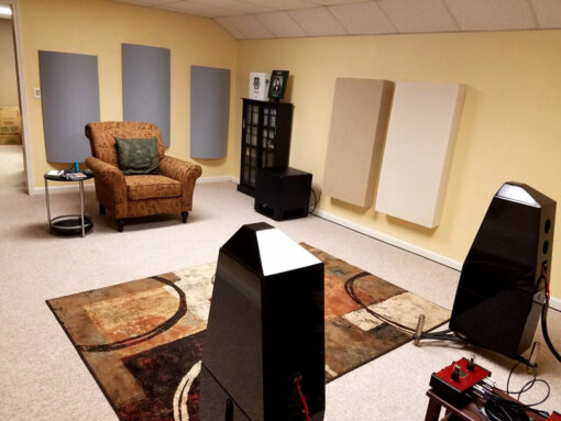 GIK Acoustics PolyFusors and bass traps in listening room Dan Libeerdi