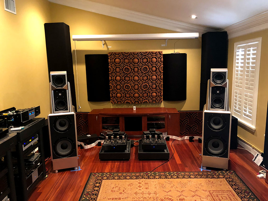 GIK Acoustics Soffit Bass Traps Impression Series and Gotham Diffusers in Dave Eusanio listening room