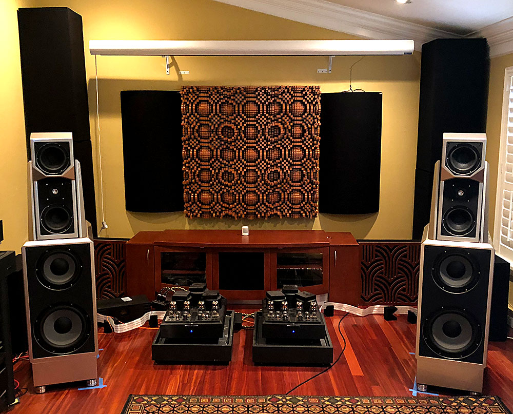 GIK Acoustics Gotham Diffusers on wall with bass traps and tritraps in corner bass traps