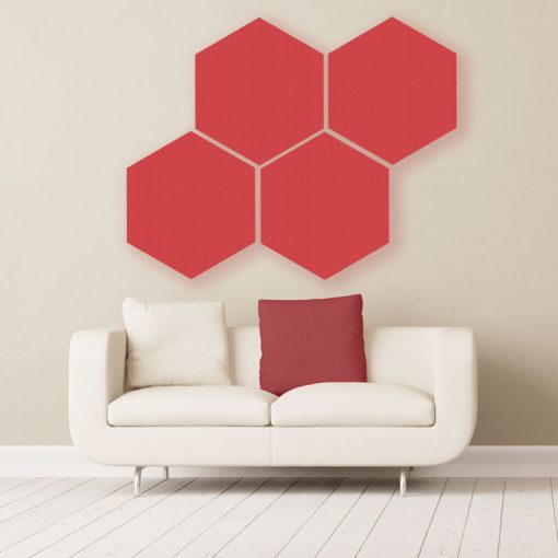GIK Acoustics Red Hexagon Acoustic Panels 2x2 decorative sound absorbing panels with couch