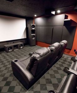 Home Theater acoustic treatments GIK Acoustics 242 acoustic panels 244 bass traps Monster Bass Traps tri traps and soffits full view