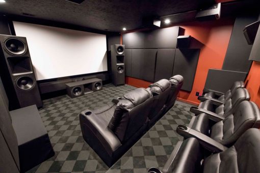 Home Theater acoustic treatments GIK Acoustics 242 acoustic panels 244 bass traps Monster Bass Traps tri traps and soffits full view