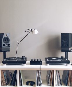 GIK Acoustics TriTrap Corner Bass Traps with turntables and records with speakers