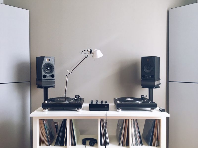 GIK Acoustics TriTrap Corner Bass Traps with turntables and records with speakers