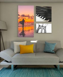 Galllery quality sound absorbing canvas prints in multiple sizes above couch in residential or office