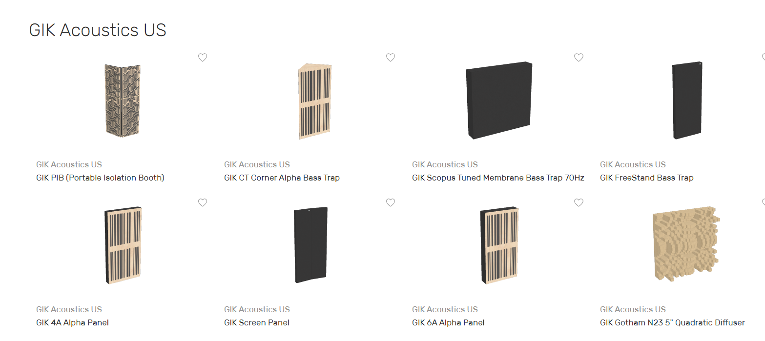 Full Catalog of GIK Acoustics products available in the room acoustics visualizer