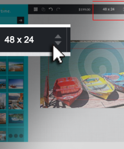 Online design tool interface showing a selected image of boats and size adjustment controls set to 48x24