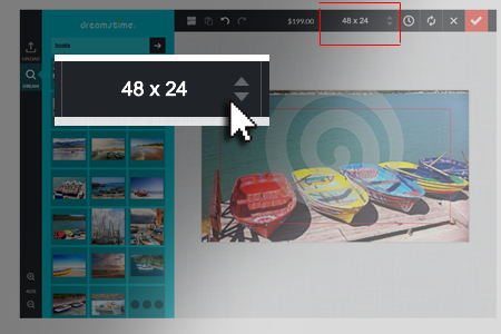 Online design tool interface showing a selected image of boats and size adjustment controls set to 48x24