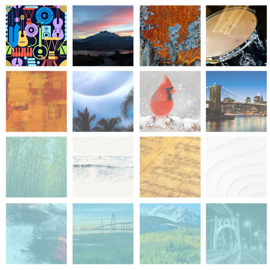Grid of 16 different artistic images featuring various designs.